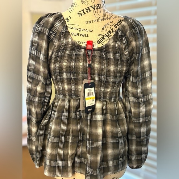 Tommy Jeans Womens Size Medium Plaid Peplum Smocked Top •Scoop Neck Long Sleeves - Picture 3 of 16